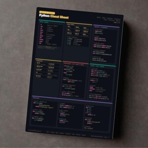 May include: A black Python Cheat Sheet with colourful text and code snippets. The sheet is rectangular and angled, with a dark background and various coloured highlights. The title "Python Cheat Sheet" is at the top.