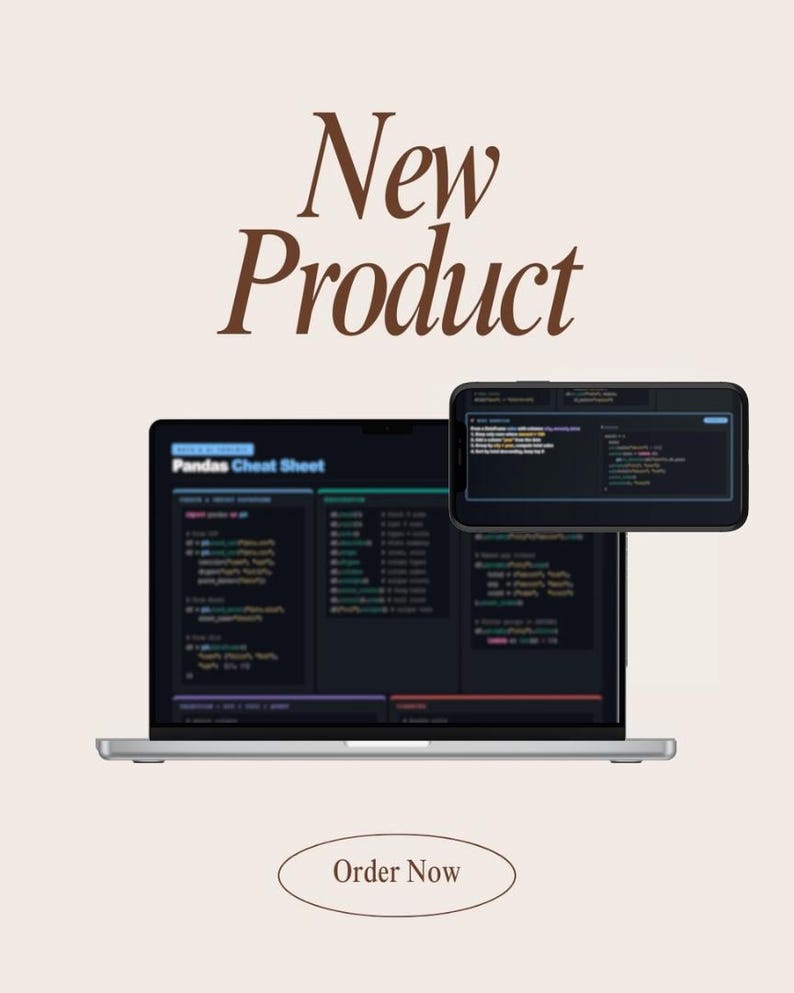 Puede incluir: Un port&aacute;til y un smartphone que muestran c&oacute;digo, con el texto "Pandas Cheat Sheet" visible en la pantalla del port&aacute;til. Las palabras "New Product" est&aacute;n en la parte superior y "Order Now" en la inferior, sobre un fondo beige.