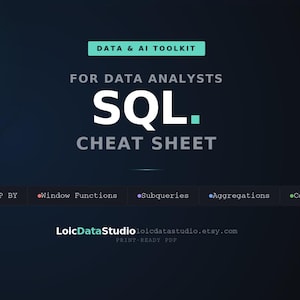 K&ouml;nnte beinhalten: Ein druckbares SQL-Spickzettel f&uuml;r Datenanalysten. Das dunkelblaue Design zeigt wei&szlig;en Text mit dem Titel "SQL Cheat Sheet" und eine Liste von SQL-Funktionen. Die Worte "Data & AI Toolkit" stehen oben.