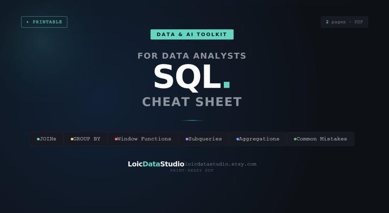 K&ouml;nnte beinhalten: Ein druckbares SQL-Spickzettel f&uuml;r Datenanalysten. Das dunkelblaue Design zeigt wei&szlig;en Text mit dem Titel "SQL Cheat Sheet" und eine Liste von SQL-Funktionen. Die Worte "Data & AI Toolkit" stehen oben.