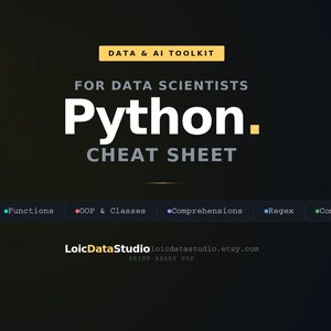May include: A dark background with the text "DATA & AI TOOLKIT" and "FOR DATA SCIENTISTS Python. CHEAT SHEET." Below are the topics: Data Types, Functions, OOP & Classes, Comprehensions, Regex, and Common Mistakes. The words "PRINTABLE" and "2 pages PDF" are also visible.