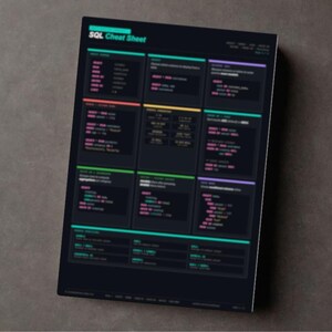 K&ouml;nnte beinhalten: Ein schwarzes SQL-Spickzettel mit farbigem Text und dunklem Hintergrund. Der Titel "SQL Cheat Sheet" steht oben. Das Blatt ist mit Code-Ausschnitten und Befehlen gef&uuml;llt, n&uuml;tzlich f&uuml;r Programmierer und Entwickler.