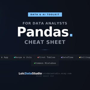 Puede incluir: Una hoja de trucos PDF imprimible de color azul oscuro para analistas de datos. El t&iacute;tulo dice "Pandas Cheat Sheet" en letras blancas grandes. Los temas clave incluyen GroupBy, Merge, Pivot Tables, DateTime y Common Mistakes.
