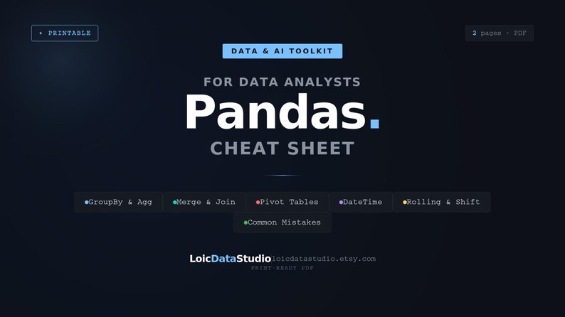 Puede incluir: Una hoja de trucos PDF imprimible de color azul oscuro para analistas de datos. El t&iacute;tulo dice "Pandas Cheat Sheet" en letras blancas grandes. Los temas clave incluyen GroupBy, Merge, Pivot Tables, DateTime y Common Mistakes.