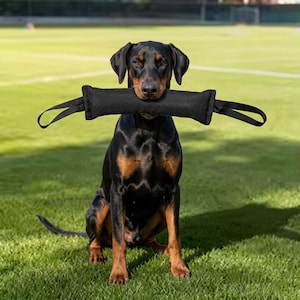 May include: A Doberman Pinscher sits on green grass, holding a black tug toy with two handles in its mouth. The dog has a black coat with brown markings on its chest, legs, and face. The background is a blurred green field.