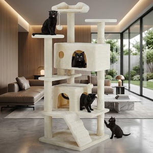Puede incluir: Un árbol para gatos alto de varios niveles cubierto de tela de felpa color crema, con múltiples plataformas, dos cubículos cerrados, una pequeña escalera y pelotas de juguete colgantes. Cuatro gatos negros ocupan varios niveles.