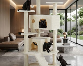 Beige Cat Tree Tower 54 Inch, Modern Cat Condo with Scratching Posts, Multi-Level Cat Furniture for Indoor Cats with Ladder & Toys
