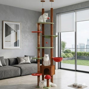 Mushroom Cat Tree, Floor to Ceiling Tower, Wooden Condo with Hammock, Scratching Posts