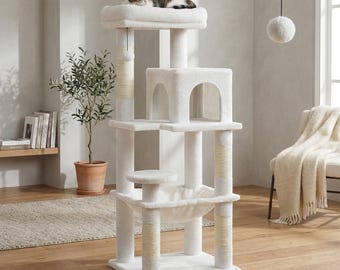 White 5-Level Cat Tree Tower, Modern Condo with Hammock, Perch, USA Shipping