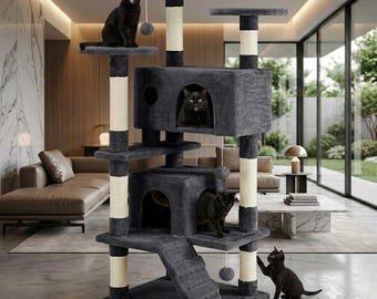 Torre rascador para gatos multinivel de 137 cm (54") en color gris oscuro, con 2 casitas, postes rascadores y escalera.