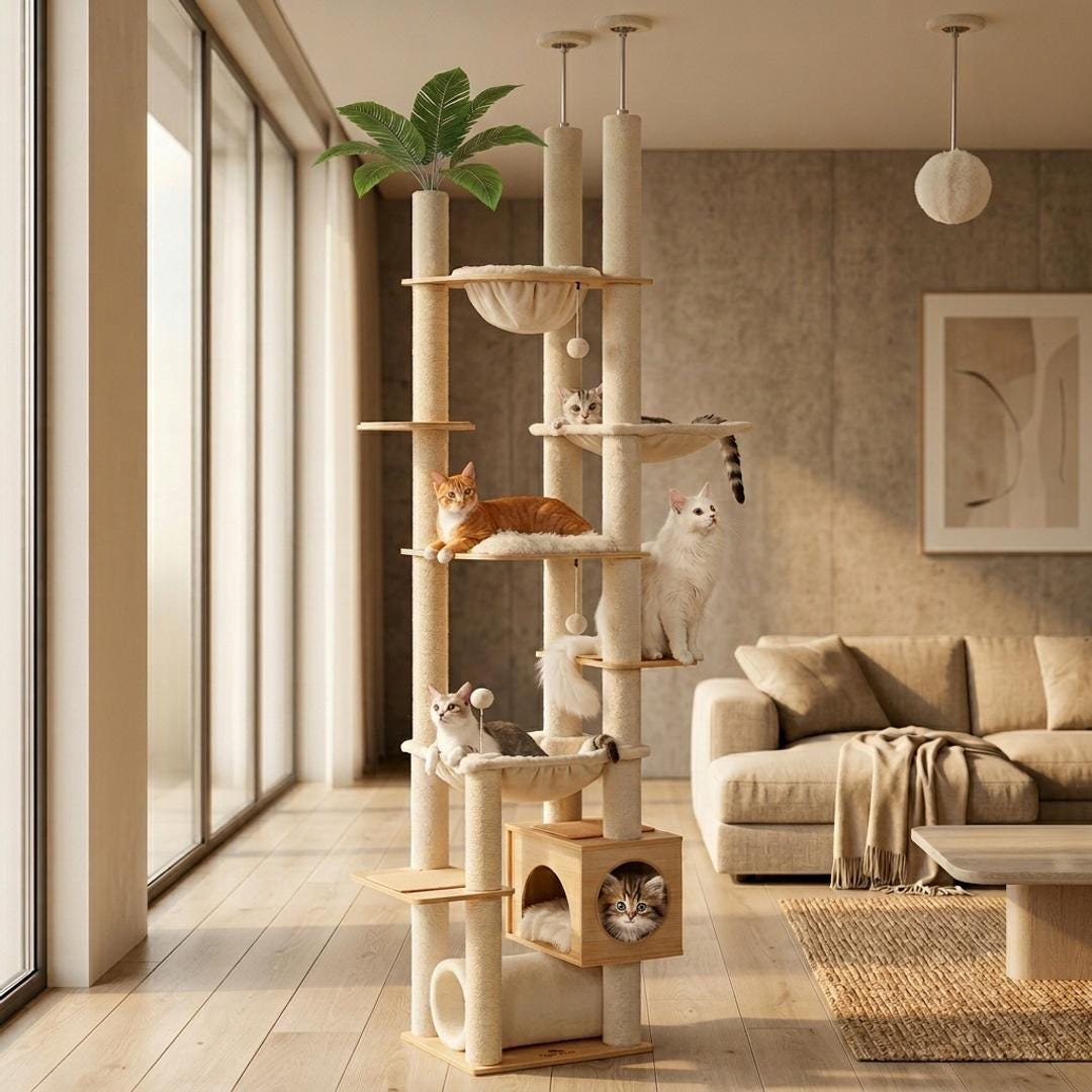 Jhdx Adjustable Floor-to-ceiling Cat Tree, Wooden Tower With Hammock, Sisal ...