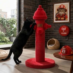 May include: A bright red fire hydrant shaped cat scratching post with a textured rope surface and a circular base. The post features a small rectangular plaque on the front. A black cat is standing on its hind legs, scratching the red post.