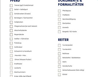 Toernooichecklist voor ruiter en paard | Paklijst voor paardensporttoernooien | Digitale download | Springen en dressuur