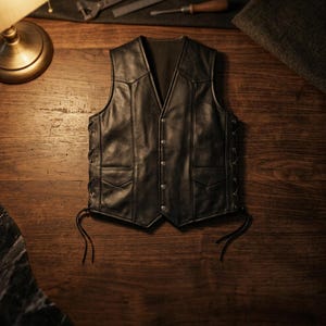 Könnte beinhalten: Eine schwarze Lederweste mit V-Ausschnitt, Knopfverschluss und zwei Vordertaschen. Die Weste hat dekorative Nähte und geschnürte Seiten. Die Weste wird auf einer Holzoberfläche präsentiert.