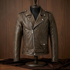May include: A brown leather jacket with a classic asymmetrical zipper closure, a notched collar, and a belt at the waist. The jacket has silver hardware, including zippers and snaps, and is displayed on a mannequin. The jacket is a medium brown color.