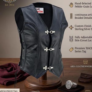Versatile Design Motorcycle Leather Vest | Women's Biker Chopper Rocker Club Vest, Black Leather Riding Vest With Braided Trim And Clasps