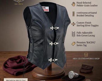 Versatile Design Motorcycle Leather Vest | Women's Biker Chopper Rocker Club Vest, Black Leather Riding Vest With Braided Trim And Clasps