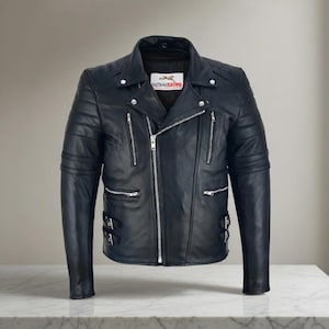 Men’s Black Leather Motorcycle Jacket - Asymmetrical Zip Biker Coat with Quilted Padding and Buckle Straps, Racing Style Rider Gear