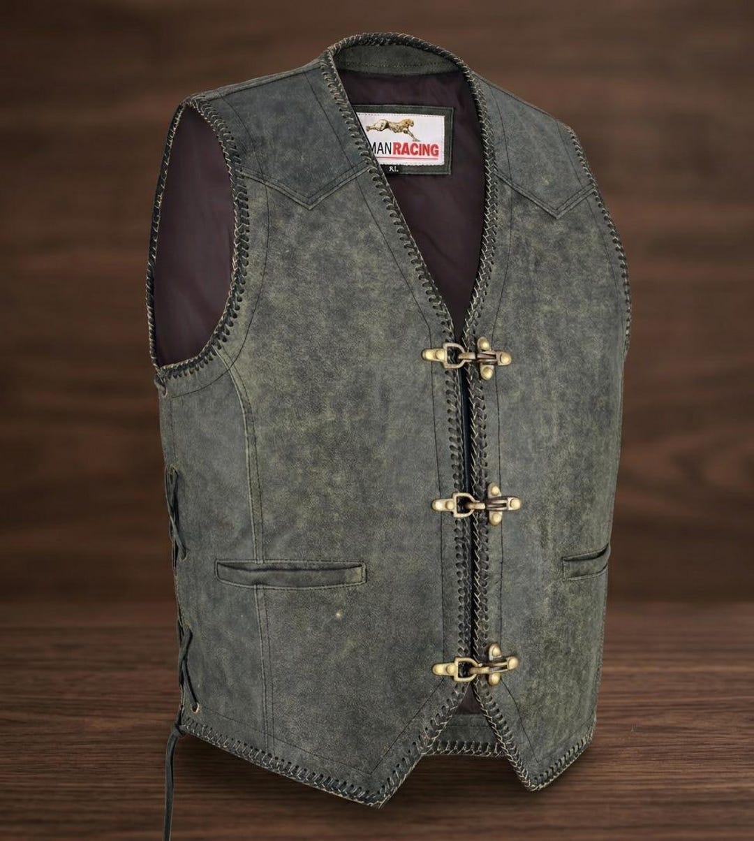 Vintage Black Leather Biker Vest | Distressed Finish Motorcycle Club ...