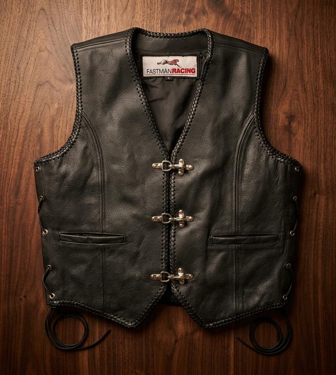 Men's Black Leather Biker Vest | Distressed Style Motorcycle Club Gear ...