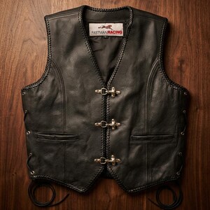 Heren zwart leren biker vest | Motorclubkleding in distressed stijl, chopper rocker vest met metalen sluiting en racepatch