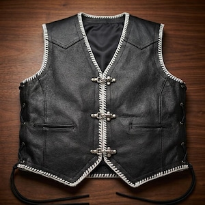 Könnte beinhalten: Schwarze Lederweste mit weißen Nähten und silbernen Verschlüssen. Die Weste hat einen V-Ausschnitt, zwei Vordertaschen und seitliche Schnürungen. Die Kanten sind mit weißen Nähten versehen.