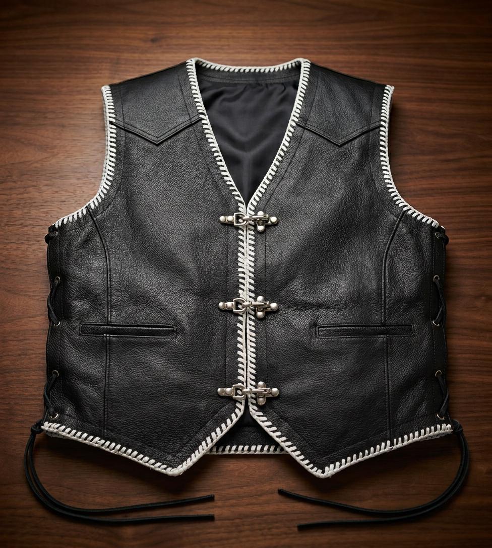 Men's Black Leather Biker Vest Racing Patch Motorcycle Club Gear, Silver Clasp Leather Chopper Rocker Vest With Contrast Stitching