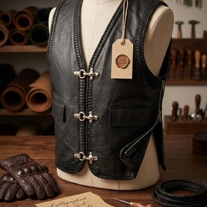 Unique Biker Vest | Men's Leather Motorcycle Vest, Chopper Rocker Club Vest, Black Riding Vest With Braided Trim And Clasps