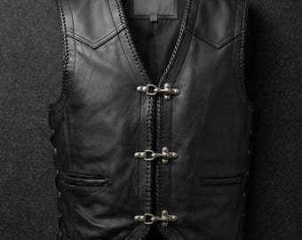 Gilet de motard de luxe en cuir noir pour homme | Écusson FASTMAN Racing, équipement de club de moto, fermeture métallique, gilet style chopper, cadeau idéal pour lui