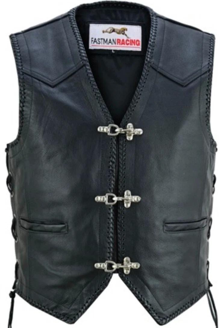 Luxury Men's Black Leather Biker Vest | FASTMAN Racing Patch Motorcycle ...