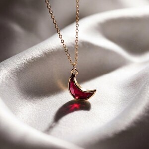 Lab Ruby Crescent Moon Necklace, Gold Plated Alloy, Minimalist Luxury Jewelry