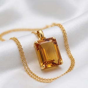 Citrine Pendant Necklace, Rectangular Gold-Plated Lab Gemstone, Spiritual Energy Jewelry