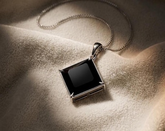 Black Onyx Square Pendant Necklace, Minimalist Protection Energy Stone Jewelry