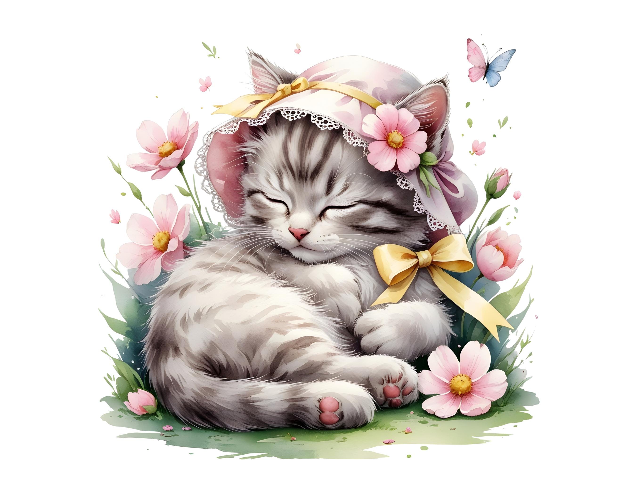 14 Floral Cat Clipart, Cute Kitten PNG, Flower Cat Clipart, Watercolor ...