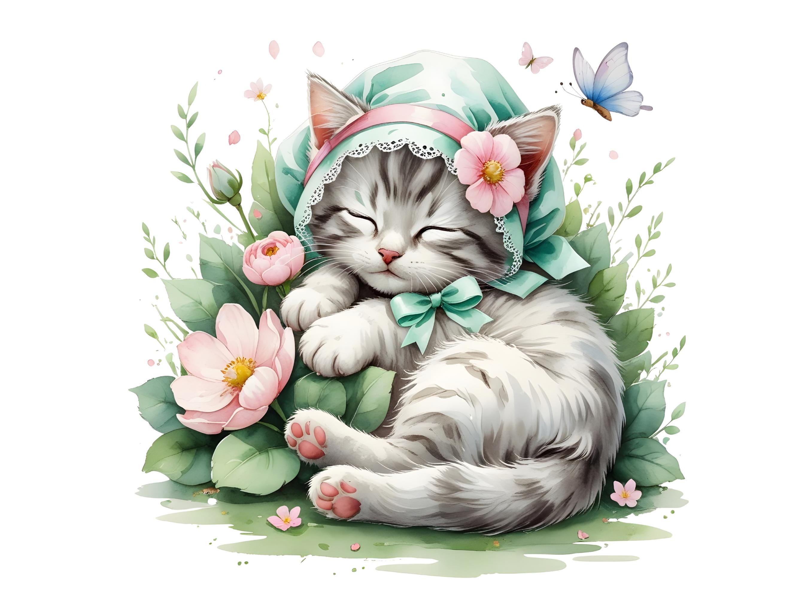 14 Floral Cat Clipart, Cute Kitten PNG, Flower Cat Clipart, Watercolor ...