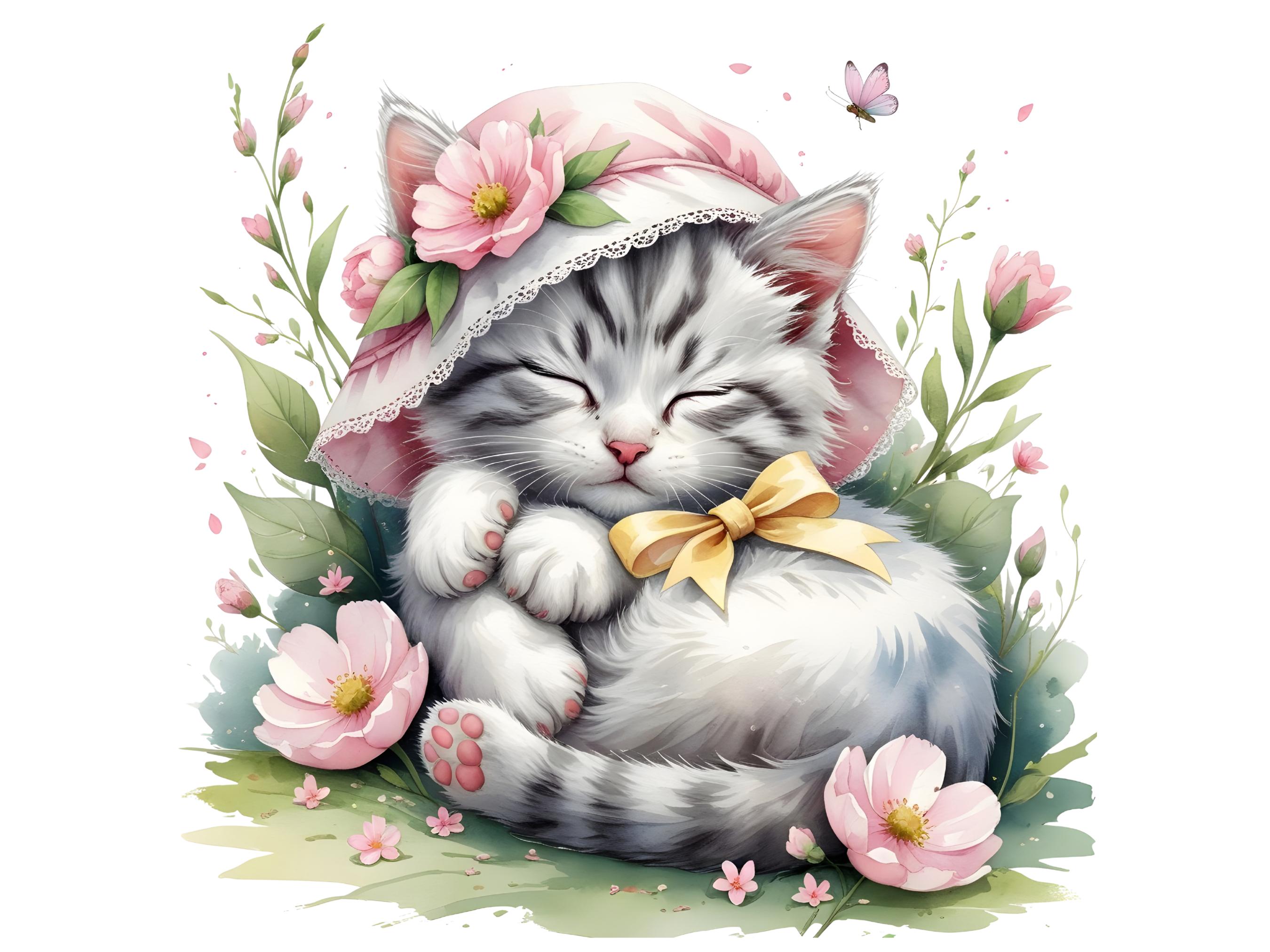 14 Floral Cat Clipart, Cute Kitten PNG, Flower Cat Clipart, Watercolor ...