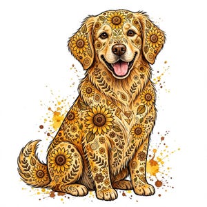 May include: A golden retriever illustration featuring a detailed sunflower and leaf pattern across its fur. The dog is sitting with its mouth open, tongue visible, surrounded by yellow and brown paint splatters on a white background.