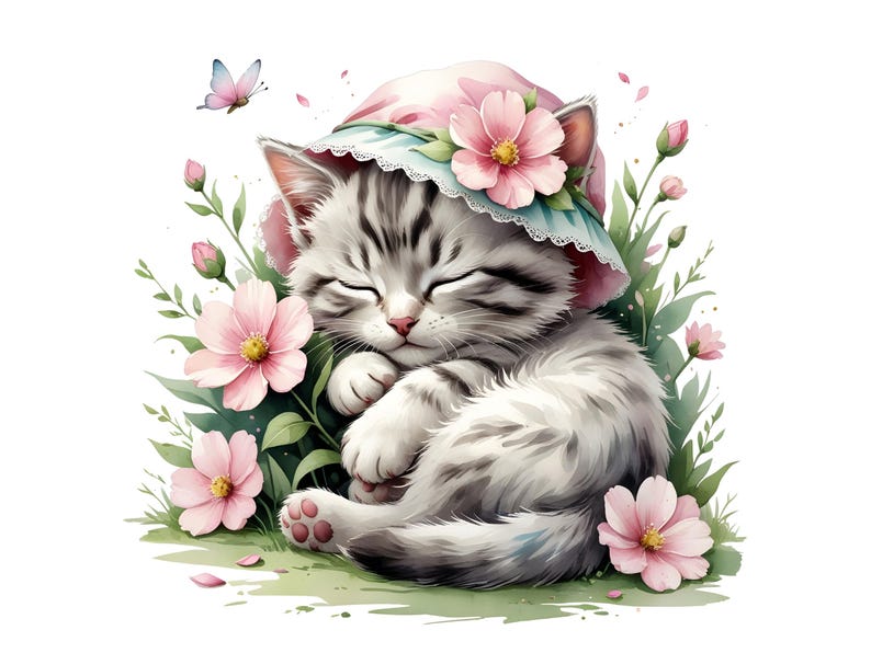 14 Floral Cat Clipart, Cute Kitten PNG, Flower Cat Clipart, Watercolor ...