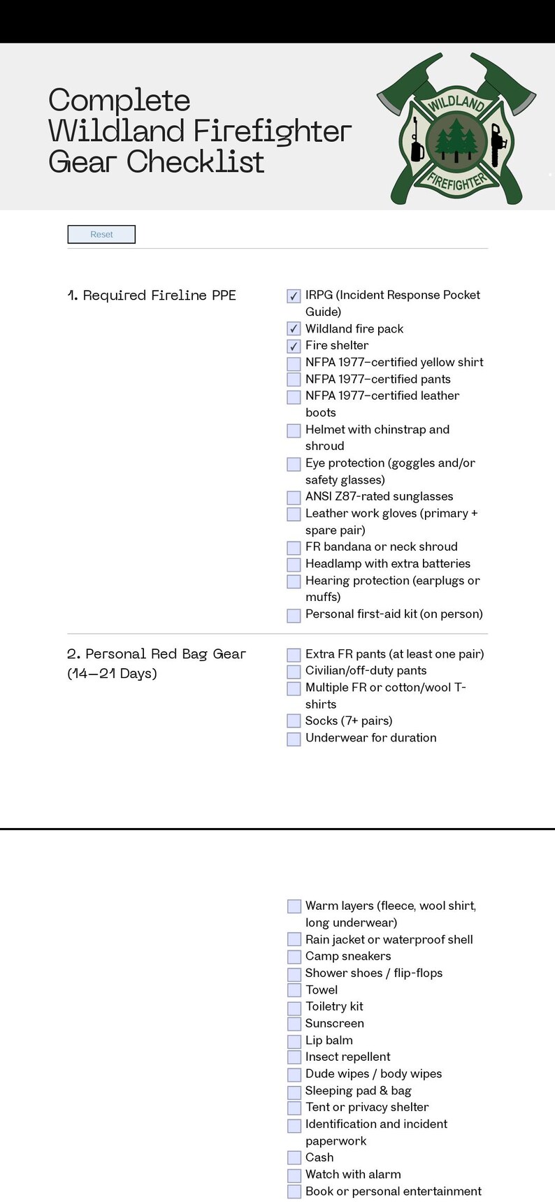 Firefighter Rope Checklist Complete Wildland Firefighter Gear Checklist - Etsy