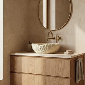 Travertin handfat 42 cm – Delad handfat i natursten, handgjort badrumshandfat