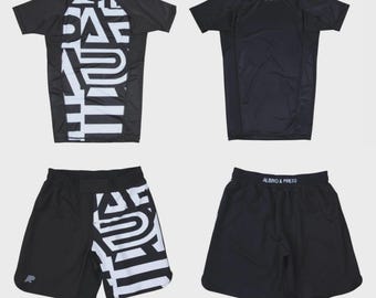 Men’s BJJ Rash Guard Set, MMA No Gi Grappling Set, Black White Compression Shirt and Shorts, Jiu Jitsu Training Gear