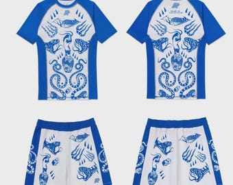 Men’s BJJ Rash Guard Set, Snake Graphic MMA No Gi Set, Blue White Grappling Shorts & Compression Shirt, Jiu Jitsu Training Gear