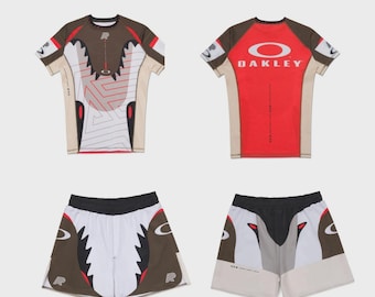 Men’s BJJ Rash Guard Set, Shark Teeth MMA No Gi Set, Grappling Shorts and Compression Shirt, Fightwear Training Gear