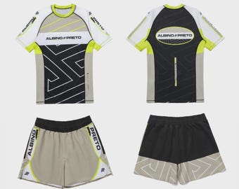 Men’s BJJ Rash Guard Set, MMA No Gi Grappling Set, Compression Shirt and Shorts, Black Grey Neon Training Gear