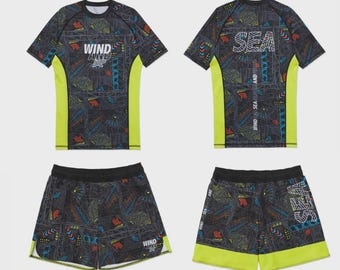 Men’s BJJ Rash Guard Set, MMA No Gi Grappling Set, Geometric Print Compression Shirt and Shorts, Neon Black Training Gear