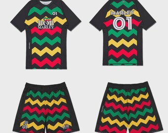 Men’s BJJ Rash Guard Set, Rasta Color MMA No Gi Set, Reggae Style Grappling Shorts and Compression Shirt, Training Gear