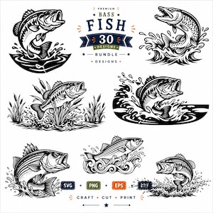 Könnte beinhalten: Eine digitale Sammlung von 30 schwarz-weißen Barsch-Illustrationen mit verschiedenen springenden Fischen im Wasser, teilweise mit Schilf. Der Text lautet PREMIUM BASS FISH 30 DESIGNS BUNDLE, SVG, PNG, EPS, DXF sowie CRAFT CUT PRINT.
