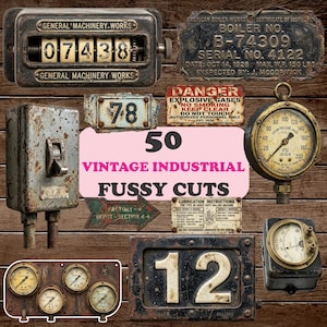 Peut inclure: Une collection d'éléments industriels vintage comprenant un compteur mécanique, une plaque de chaudière, un interrupteur, un manomètre, un voltmètre, une plaque numéro 12, une plaque numéro 78, un panneau danger et une plaque d'instructions.