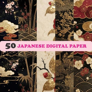 50 Japanese Digital Papers | Gold Sakura, Bamboo, Floral Patterns (Digital Download)