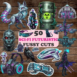 Könnte beinhalten: Eine Sammlung von 50 Sci-Fi-futuristischen, sorgfältig ausgeschnittenen Aufklebern. Die Aufkleber zeigen verschiedene Designs, darunter einen Roboterfuchs, einen Cyborg-Kopf, eine schwarze Katze, ein Raumschiff und eine mechanische Hand, alle mit Neonakzenten. Der Text "SCI-FI FUTURISTIC FUSSY CUTS" ist ebenfalls enthalten.